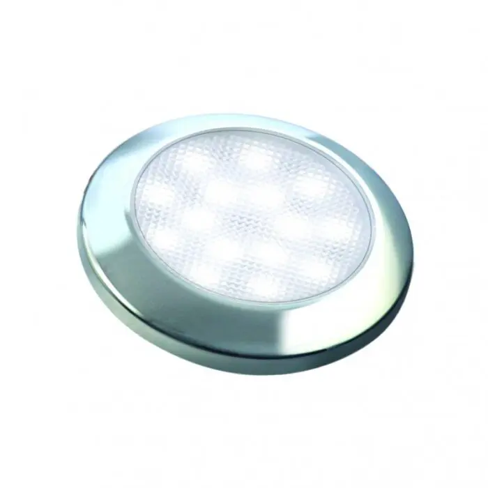 LED lavprofil rund interiør lampe krom m/materet glas 12V Ø76mm