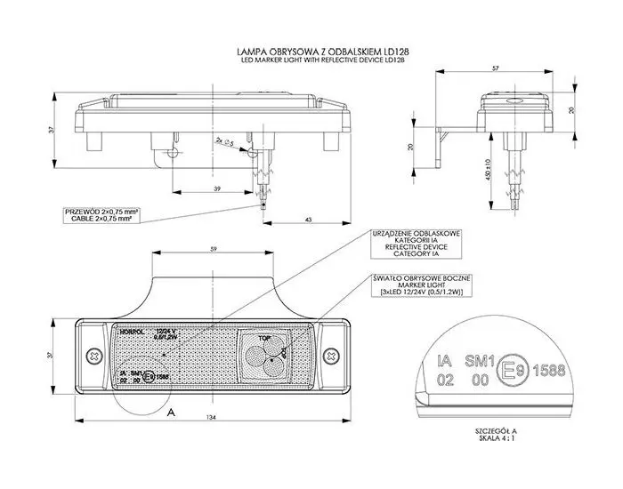 Alternative view of LED orange side markeringslygte med refleks og beslag